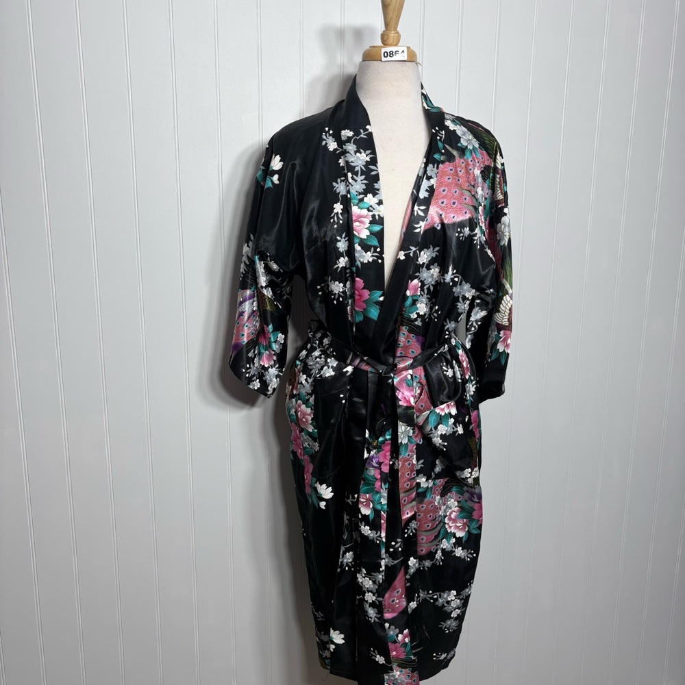 Vintage Silky Peacock Floral Kimono Robe Boho Luxe Statement Vacation Medium - Picture 3 of 8